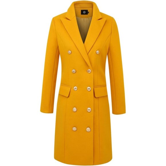 💫 Women Yellow Midi Trench Coats Fall Winter Wool Double Breasted Peacoat - Picture 4 of 7